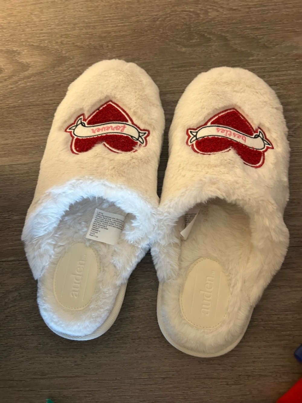 Cozy Cream Fuzzy Slippers with Red Heart Detail